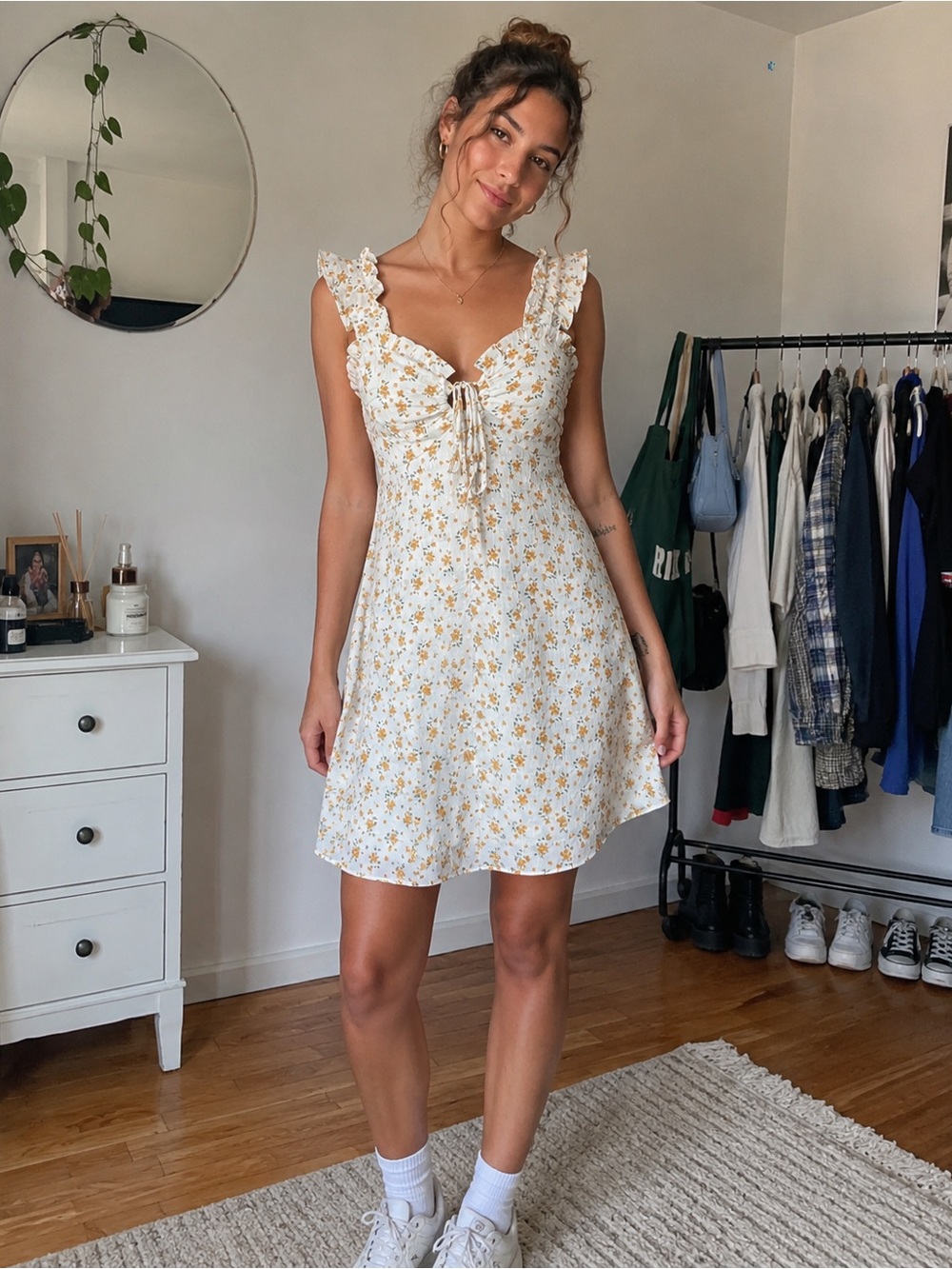 Papaya White Floral Ruffle Sleeve Mini Dress Small